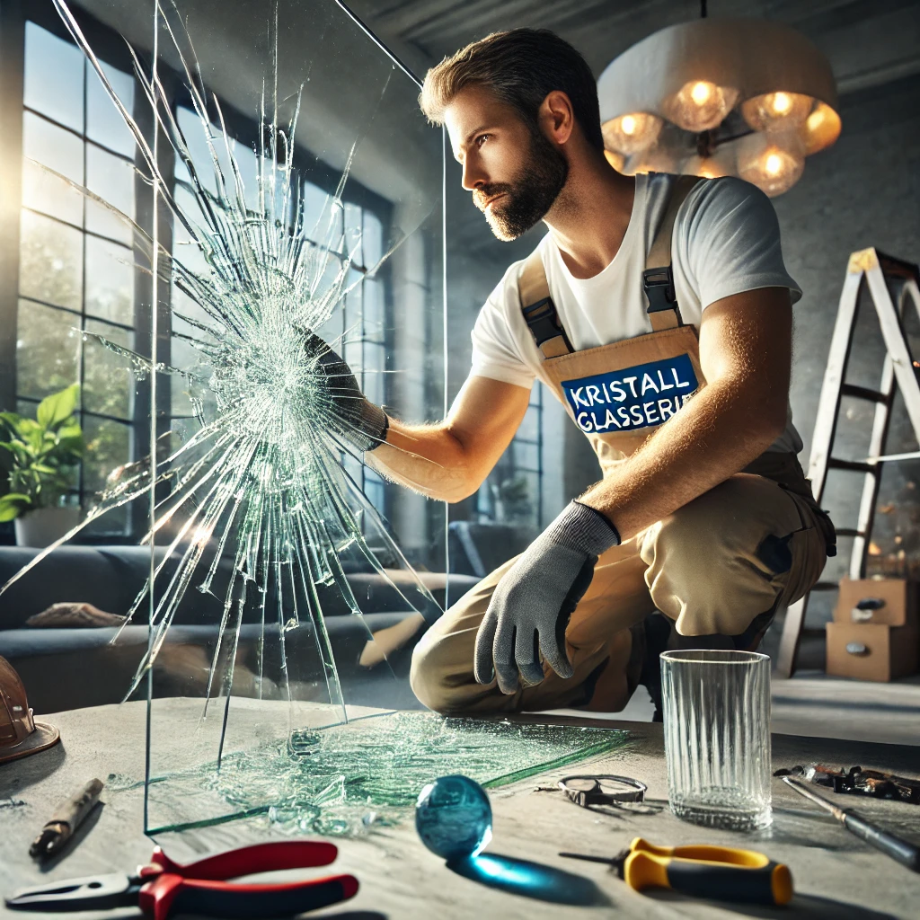 Ein Techniker repariert eine zerbrochene Glasscheibe in einem modernen Wohnzimmer. Professionelle Werkzeuge und konzentriertes Arbeiten. Kristall Glaserei UG.